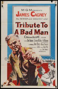 7p921 TRIBUTE TO A BAD MAN 1sh '56 great art of cowboy James Cagney, pretty Irene Papas!