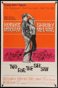 7p926 TWO FOR THE SEESAW 1sh '62 art of Robert Mitchum & sexy beatnik Shirley MacLaine by Hooks!