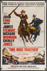 7p927 TWO RODE TOGETHER 1sh '61 John Ford, art of James Stewart & Richard Widmark on horses!
