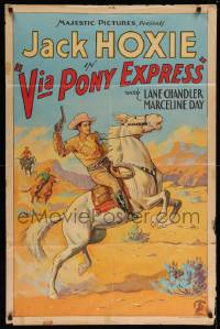7p941 VIA PONY EXPRESS 1sh '33 great artwork of cowboy Jack Hoxie with gun drawn on rearing horse!