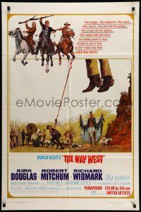 7p955 WAY WEST style B 1sh '67 Kirk Douglas, Robert Mitchum, great art of frontier justice!