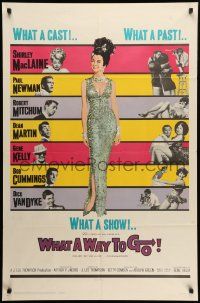 7p958 WHAT A WAY TO GO 1sh '64 Shirley MacLaine, Paul Newman, Robert Mitchum, Dean Martin