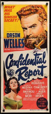 7r317 CONFIDENTIAL REPORT Aust daybill '56 different artwork of Orson Welles as Mr. Arkadin!