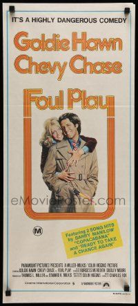 7r355 FOUL PLAY Aust daybill '78 wacky Lettick art of Goldie Hawn & Chevy Chase, screwball comedy!