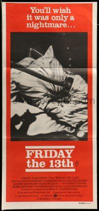 7r359 FRIDAY THE 13th Aust daybill '80 Joann art of axe in pillow, wish it was a nightmare!