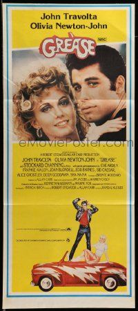 7r376 GREASE Aust daybill '78 John Travolta & Olivia Newton-John, yellow background design!