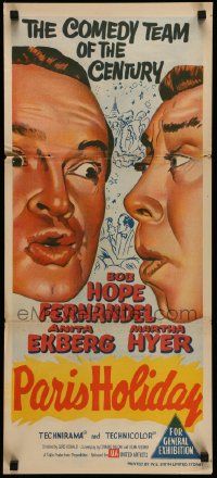 7r427 PARIS HOLIDAY Aust daybill '58 wacky close-up art of comedy team Bob Hope & Fernandel!