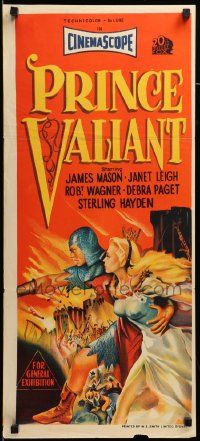7r432 PRINCE VALIANT Aust daybill '54 artwork of Robert Wagner in armor saving sexy Janet Leigh!
