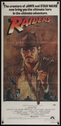 7r435 RAIDERS OF THE LOST ARK Aust daybill '81 art of adventurer Harrison Ford by Richard Amsel!