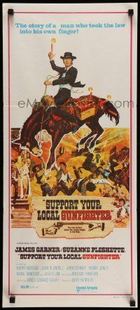 7r478 SUPPORT YOUR LOCAL GUNFIGHTER Aust daybill '71 wacky art of cowboy James Garner on donkey!