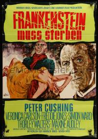 7r698 FRANKENSTEIN MUST BE DESTROYED German '70 art of Peter Cushing & his monster by Rolf Goetze!