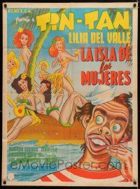 7r174 LA ISLA DE LAS MUJERES Mexican poster '53 art of Tin-Tan on island with sexy babes by Urzaiz!