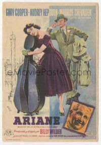 7s835 LOVE IN THE AFTERNOON Spanish herald '57 different MCP art of Gary Cooper & Audrey Hepburn!