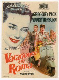7s898 ROMAN HOLIDAY Spanish herald R1950s Jano art of Audrey Hepburn & Gregory Peck riding on Vespa!