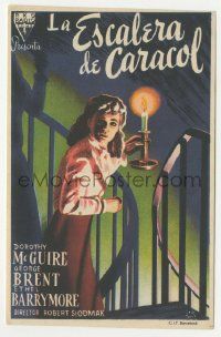 7s933 SPIRAL STAIRCASE Spanish herald '47 art of scared Dorothy McGuire holding candle on stairs!