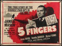 7t548 5 FINGERS British quad '52 cool image of James Mason, true story of the most fabulous spy!