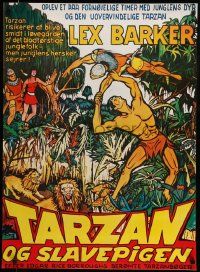 7t247 TARZAN & THE SLAVE GIRL Danish R70s art of Lex Barker fighting off lions w/man's body!