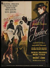 7t403 JUDEX French 23x31 '63 cool Xarrie artwork of caped master criminal & masked kidnappers!
