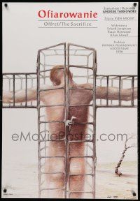 7t881 SACRIFICE Polish 27x39 '87 Andrei Tarkovsky's Offret, Kowalik art of man in cross cage!