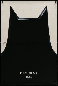 7w554 BATMAN RETURNS teaser 1sh '92 Burton, Keaton, cool partial bat symbol, dated design!