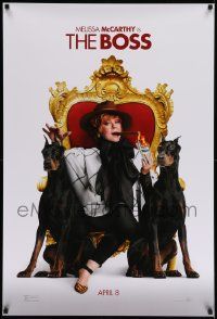 7w579 BOSS teaser DS 1sh '16 cigar smoking Melissa McCarthy on throne with Doberman Pinscher dogs!