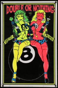 7w389 DOUBLE OR NOTHING 23x35 commercial poster '96 colorful sexy image on black felt by Kozik!