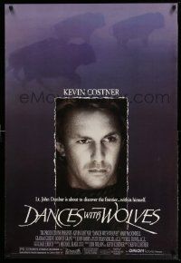 7w619 DANCES WITH WOLVES DS 1sh '90 close portrait of Kevin Costner & running buffalo!