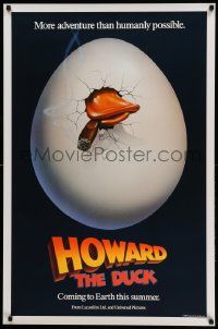 7w715 HOWARD THE DUCK teaser 1sh '86 George Lucas, great art of hatching egg with cigar in mouth!