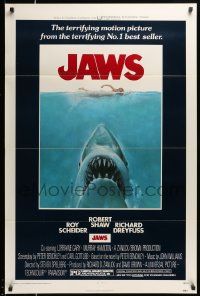7w754 JAWS 1sh '75 art of Steven Spielberg's classic man-eating shark attacking sexy swimmer!