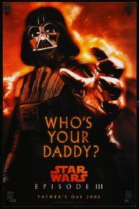 7w490 REVENGE OF THE SITH teaser mini poster '05 Star Wars Episode III, who's your daddy, Vader!