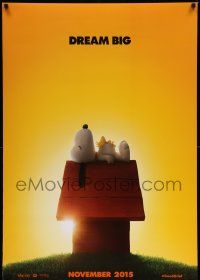 7w852 PEANUTS MOVIE style A advance DS 1sh '15 wonderful image of Snoopy and Woodstock on doghouse!