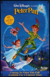 7w345 PETER PAN 26x40 video poster R90 Disney animated cartoon fantasy classic, great art!
