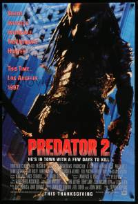 7w868 PREDATOR 2 advance DS 1sh '90 great full-length image of alien hunter in L.A.!
