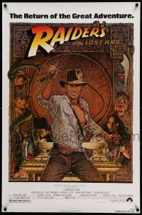 7w875 RAIDERS OF THE LOST ARK 1sh R82 great art of adventurer Harrison Ford by Richard Amsel!