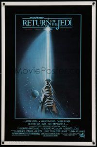 7w880 RETURN OF THE JEDI 1sh '83 George Lucas, art of hands holding lightsaber by Tim Reamer!