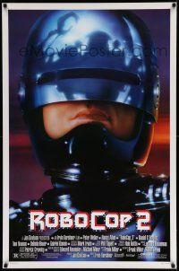 7w892 ROBOCOP 2 DS 1sh '90 great close up of cyborg policeman Peter Weller, sci-fi sequel!