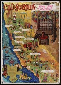 7w090 CALIFORNIA - WINE LAND OF AMERICA 29x40 travel poster '60s cool map art by Amado Gonzalez!