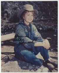 7x1062 DEBBIE REYNOLDS signed color 8x10 REPRO still '80s great smiling portrait sitting by creek!