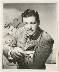 7x0724 DENNIS MORGAN signed 8.25x10 still '40s great smiling portrait in suit & bow tie with pipe!