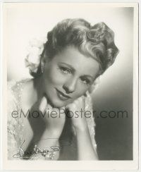7x1285 JOAN FONTAINE signed 8x10 REPRO still '80s head & shoulders portrait resting head on hands!