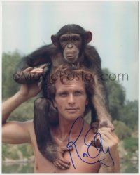 7x1143 RON ELY signed color 8x10 REPRO still '00s great c/u as Tarzan with chimp on shoulders!