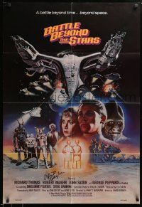 7x0211 BATTLE BEYOND THE STARS signed 1sh '80 by Robert Vaughn, great sci-fi art by Gary Meyer!