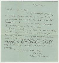 7x0023 EDWARD G. ROBINSON signed 9x9 letter '22 telling a fellow actor he'd be in his 1st melodrama!