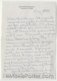 7x0014 HELEN HAYES signed 6x8 letter '78 enjoyed the Barrie play, but the Hemingway film puzzled her