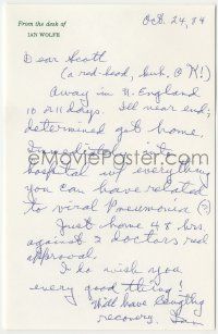 7x0025 IAN WOLFE signed 6x9 letter '84 he apologizes for having viral pneumonia & just getting home!