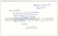 7x0469 JOHN GIELGUD signed 4x6 note card '96 he joked that he never knew Boris Karloff,only his wife