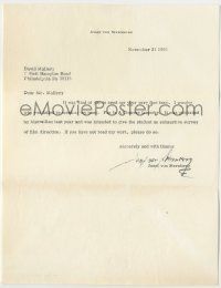 7x0016 JOSEF VON STERNBERG signed 9x11 letter '66 telling David Mallery to read his latest book!