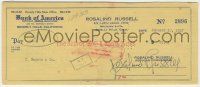 7x0475 ROSALIND RUSSELL signed 4x8 canceled check '47 can be matted and framed with a still or repro