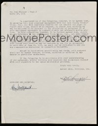 7x0080 WILLIAM CAGNEY signed 9x11 agreement '50 agreeing to borrow Helena Carter from Warner Bros!