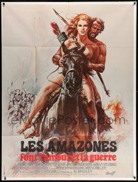 7y337 BATTLE OF THE AMAZONS French 1p '76 Labret art of sexy naked warrior Lucretia Love on horse!